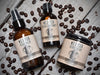 Wild Man beard care set in Dark Roast scent with 50ml Beard Conditioner, 4oz Beard Wash and 4oz Beard Cream. Coffee beans surround.