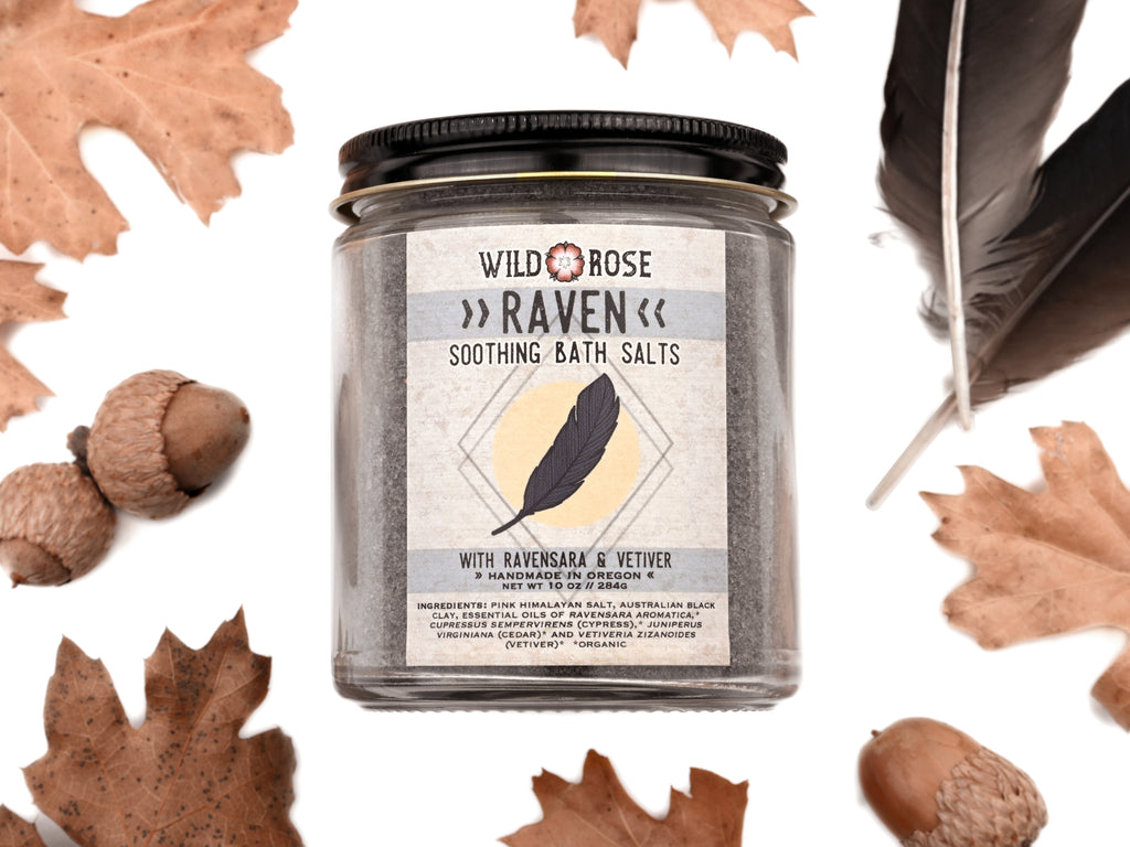 Wild Rose Raven Soothing Bath Salts, enriched with the essence of leaves and acorns, providing a soothing Pacific Northwest experience.