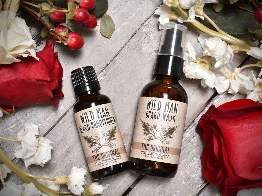 Wild Man gift wrapped beard Care Gift Set with Beard Oil Conditioner and Beard Wash in The Original scent. Dried botanicals surround.