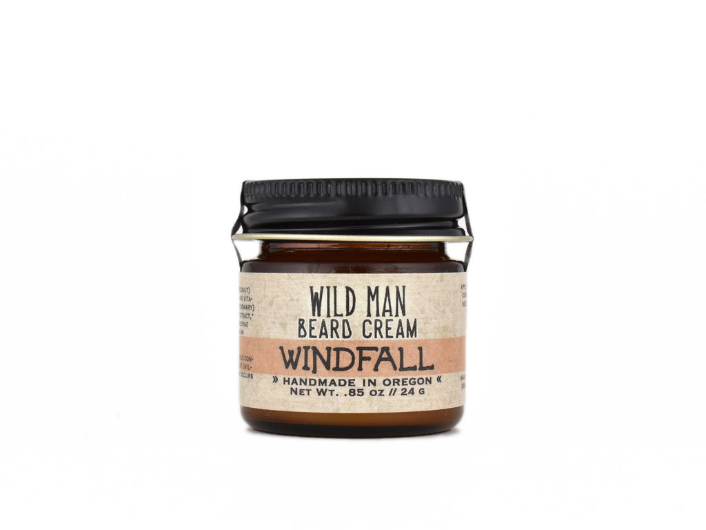 Wild Man Softening Beard Cream Windfall in 1oz amber glass jar on white background.