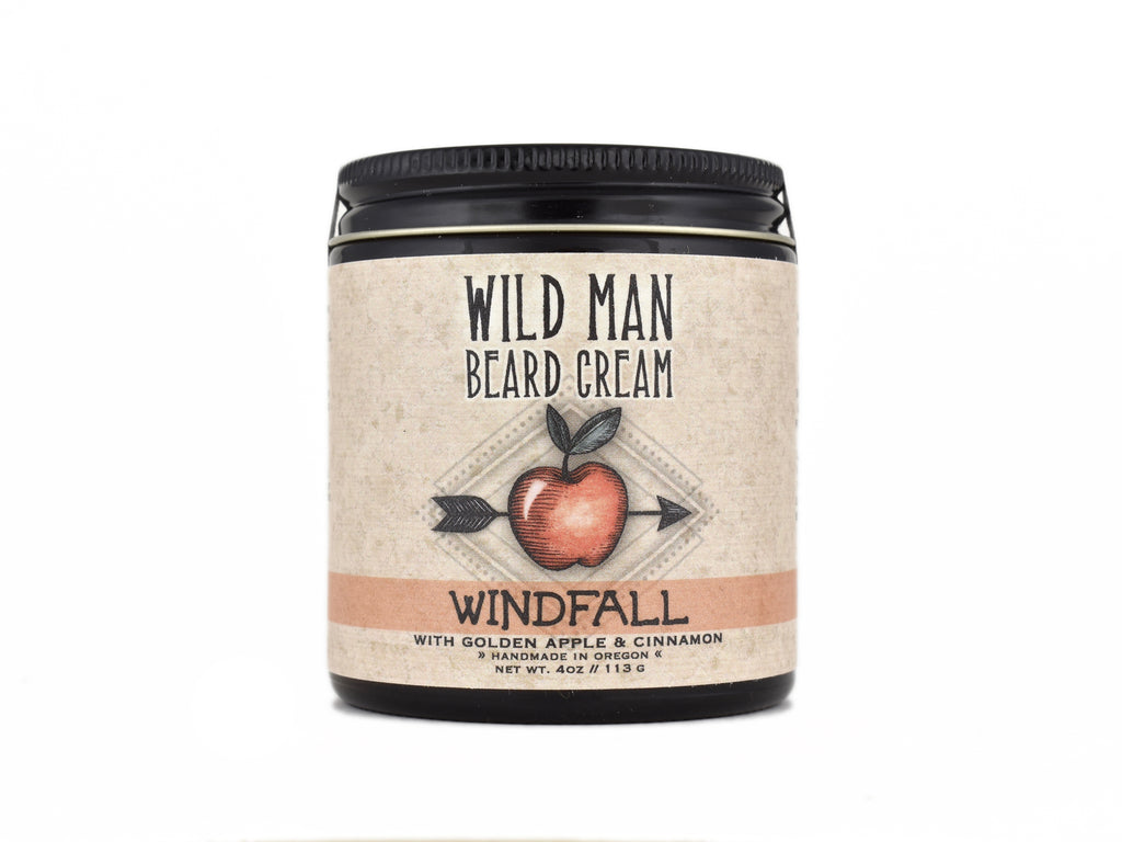 Wild Man Softening Beard Cream Windfall in 4oz amber glass jar on white background.