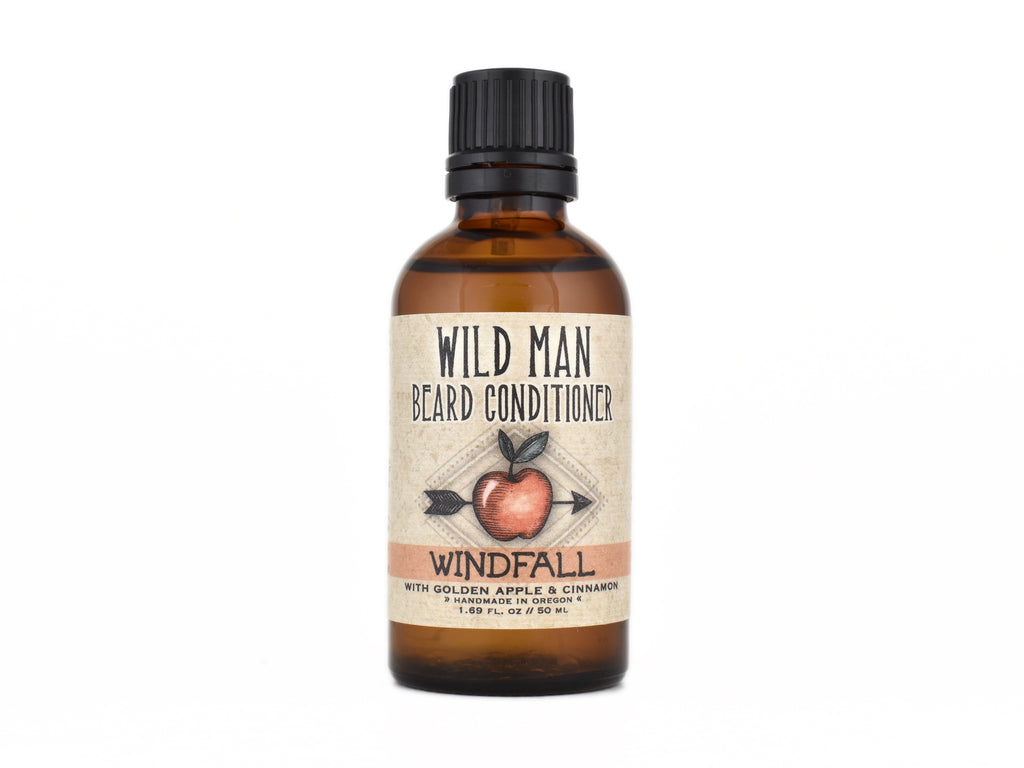 Wild Man Beard Oil Conditioner Windfall in 50ml amber glass bottle on white background.