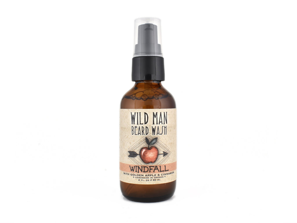 Wild Man Beard Wash Windfall in 2oz amber glass bottle on white background.