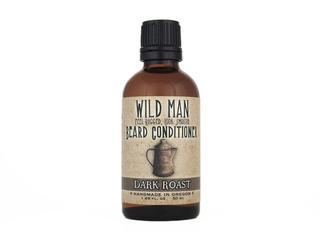 Wild Man Beard Oil Conditioner 50ml amber glass bottle in Dark Roast scent on a white background.