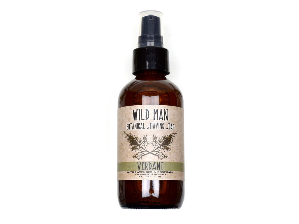 Wild Man Shaving Soap 4oz size in Verdant scent on white background.